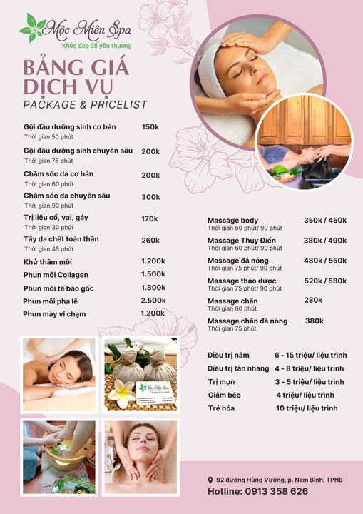 Bảng giá dịch vụ tại Mộc Miên Spa